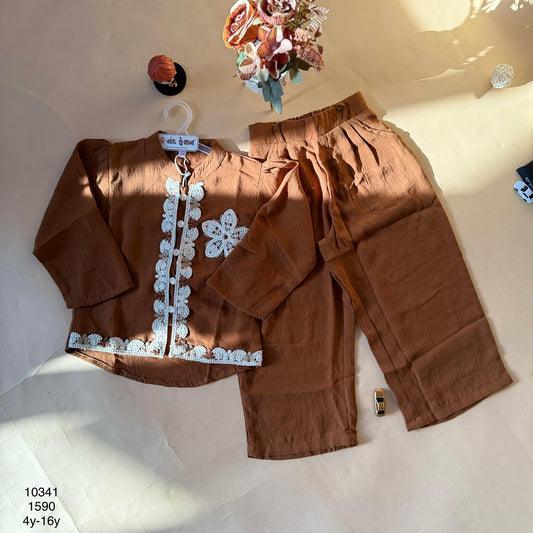 Elegant Brown Embroidered Kids Co-Ord Set