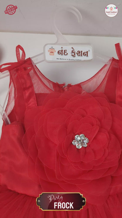 Girls Red Party Wear Frock | Pom-Pom Strap & Flower Design Net Dress