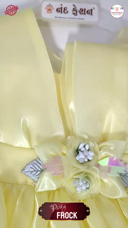 Elegant Satin Baby Girl Party Wear Frock with Floral Waist Design – Light Yellow