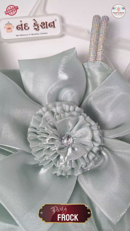 Mint Green Satin Party Wear Frock with Bow & Flower for Baby Girls