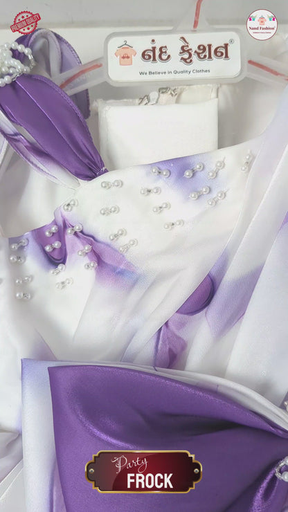 Girls White & Purple One-Shoulder Party Wear Frock | Elegant Bow Design Birthday Dress