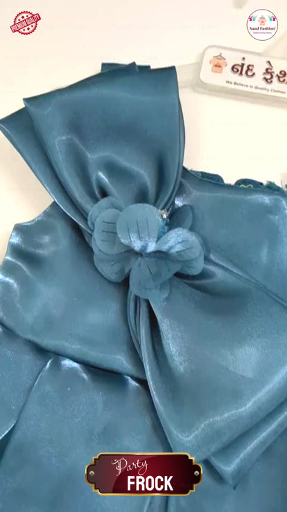 Premium Teal High-Low Party Wear Frock with Big Bow & Floral Detailing for Girls