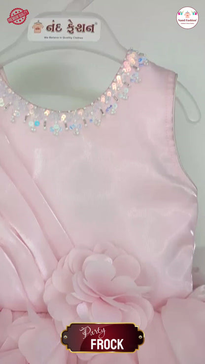 Girls Light Pink Party Wear Frock | Pearl Neckline & Floral Design Birthday Dress