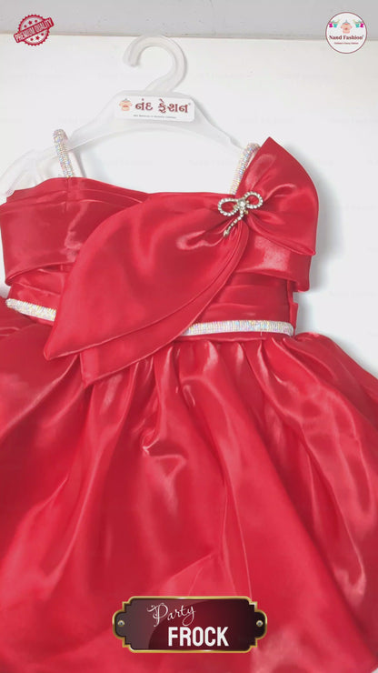 Girls Red Party Wear Frock | Elegant Bow Design Birthday Dress