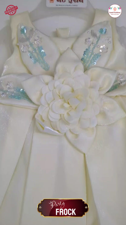 Elegant High-Low Cream Party Wear Frock for Baby Girls with 3D Flower & Embroidered Detailing