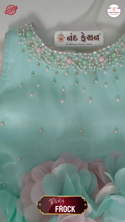 Girls Mint Green Party Wear Frock | Pearl Neckline & 3D Flower Design Birthday Dress