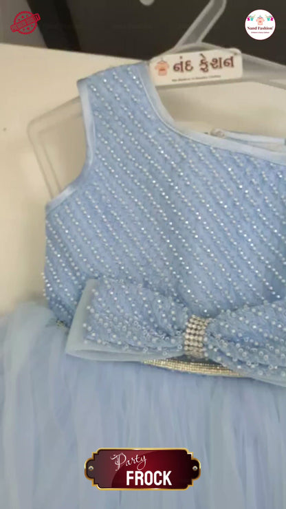 Girls Light Blue High-Low Party Wear Frock | Premium Net Gown with Bow Design