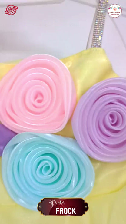 Girls Yellow Party Wear Frock | Colorful 3D Flower Design Birthday Dress