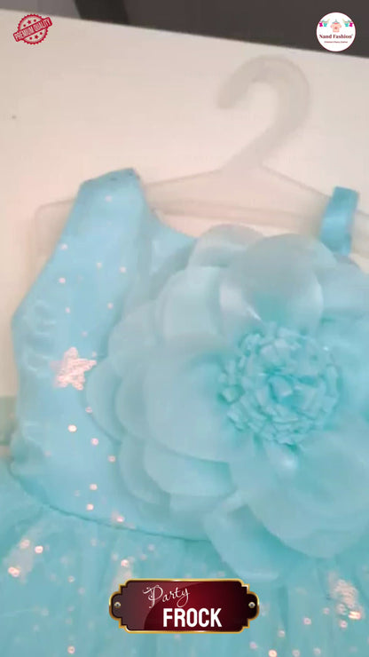 Girls Light Blue Party Wear Frock | Big Flower Design & Glitter Net Birthday Dress