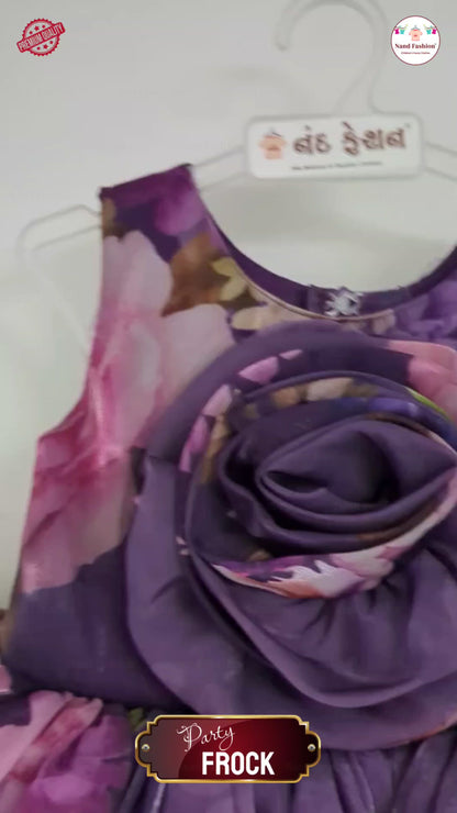 Girls Floral Party Wear Frock | Green & Purple Rose Design Birthday Dress | Premium Organza Gown