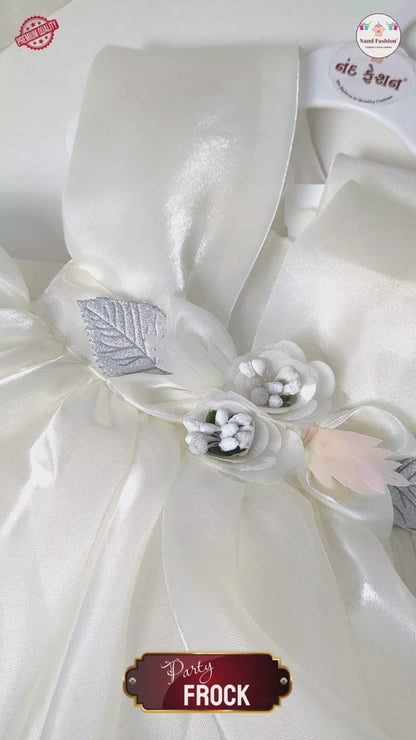 Premium White Satin Baby Girl Party Wear Frock with Floral Waist Belt